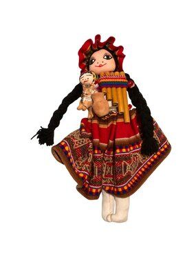 Handmade Peruvian Folk Cloth Doll With Babies Flute Clay Pot & Animal Long Braid